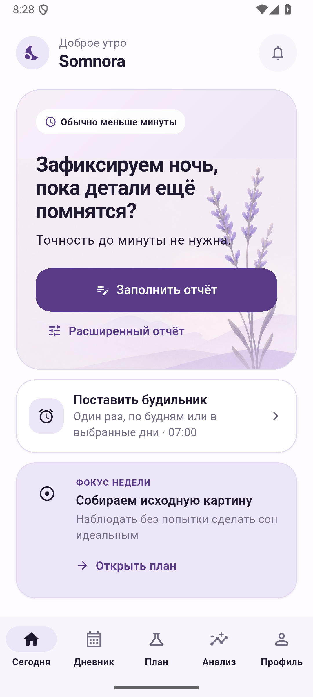 Экран Сегодня в Somnora с минутным утренним отчётом